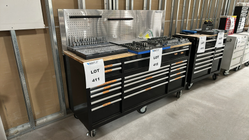 HUSKY 18-DRAWER MOBILE WOOD TOP STAINLESS STEEL WORKBENCH, DIMENSIONS: 72" x 24" x 57" (CONTENTS ON TOP NOT INCLUDED)