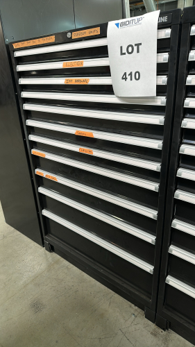 ULINE 11-DRAWER STORAGE CABINET, DIMENSIONS: 40" x 28" x 61" WITH FLAT SOCKET CAPS, MOUNT NUTS,VALVES, HOSE CLAMPS, FITTINGS TAPE,