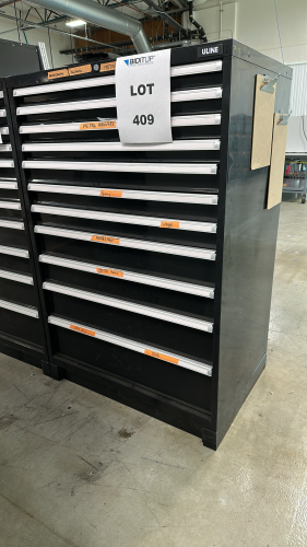 ULINE 11-DRAWER STORAGE CABINET, DIMENSIONS: 40" x 28" x 61" WITH SCREWS, FLANGE BUTTONS, LEVER NUTS, ADHESIVE,
