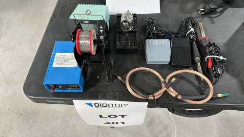LOT OF ASSORTED WELDING EQUIPMENT, TO INCLUDE: SWITCH PEDALS, WELLER POWER UNIT, DOCREATE SPOT WELDER, ETC.