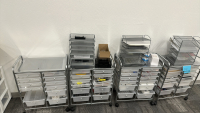 LOT OF (4) 12-DRAWER ROLLING STORAGE CARTS, DIMENSIONS: 25" x 14" x 29", TO INCLUDE: BINDER CLIPS, CABLES, STAPLERS, TAPE, ETC.