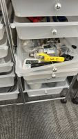 LOT OF (4) 12-DRAWER ROLLING STORAGE CARTS, DIMENSIONS: 25" x 14" x 29", TO INCLUDE: BINDER CLIPS, CABLES, STAPLERS, TAPE, ETC. - 2