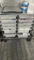 LOT OF (4) 12-DRAWER ROLLING STORAGE CARTS, DIMENSIONS: 25" x 14" x 29", TO INCLUDE: BINDER CLIPS, CABLES, STAPLERS, TAPE, ETC. - 3