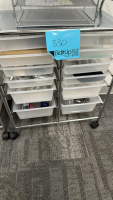 LOT OF (4) 12-DRAWER ROLLING STORAGE CARTS, DIMENSIONS: 25" x 14" x 29", TO INCLUDE: BINDER CLIPS, CABLES, STAPLERS, TAPE, ETC. - 4
