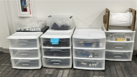 LOT OF (7) 3-DRAWER PLASTIC ROLLING STORAGE CABINETS, DIMENSIONS: 22" x 15" x 25", TO INCLUDE: 1000 mL BOTTLES, OFFICE SUPPLIES, TWEEZERS, ETC.