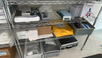 LOT OF (3) RACKS OF ASSORTED LABORATORY EQUIPMEMT, TO INCLUDE: SAFETY GLASSES, COTTON TIPPED APPLICATORS, LAB COATS, ASSORTED BEAKERS, ETC. - 4
