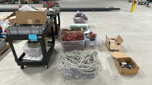 LOT OF ASSTD CABLES AND PARTS FOR NEWWARE BATTERY TESTING SYSTEMS WITH (2) CARTS AND BINS