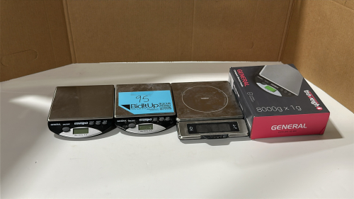 LOT OF (4) ASSORTED COMPACT BENCH SCALES, TO INCLUDE: TRUWEIGH GENERAL COMPACT BENCH SCALE, MODEL: GEN-8000-1-BK / OXO 11LB FOOD SCALE