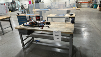 STEEL FRAME WOOD TOP WORKBENCH W/ FIXTURES, 4" BENCH VISE, ETC., DIMENSIONS: 60" x 34" x 64"