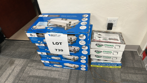 LOT OF (4) WINCO 8qt STAINLESS STEEL FULL SIZE CHAFING DISH W/ FOLDING STAND, MODEL: 1440670, TO INCLUDE: (4) STERNO GREEN 6.10oz ETHANOL GEL CHAFING FUEL PACKS