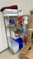 SUPPLY CLOSET LOT OF (3) RACKS, TO INCLUDE: ULINE SPONGES, RUBBERMAID TRASH CANS, ULINE DRAWSTRING LINERS, CRESIMO, PLASTIC CUPS, ULINE WHITE ROLL TOWELS, ETC. - 2
