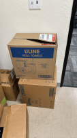 SUPPLY CLOSET LOT OF (3) RACKS, TO INCLUDE: ULINE SPONGES, RUBBERMAID TRASH CANS, ULINE DRAWSTRING LINERS, CRESIMO, PLASTIC CUPS, ULINE WHITE ROLL TOWELS, ETC. - 3