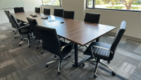LOT OF (1) WOOD TOP CONFERNCE TABLE (189" x 47" x 30"), (12) CONFERENCE CHAIRS, TRASH CANS
