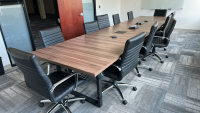 LOT OF (1) WOOD TOP CONFERNCE TABLE (189" x 47" x 30"), (12) CONFERENCE CHAIRS, TRASH CANS - 2