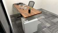 LOT OF (1) VIVO 74" HEIGHT ADJUSTABLE WOOD TOP OFFICE TABLE, QUARTET MAGNETIC GLASS INFINITY FRAMELESS MOUNTING DRY ERASE BOARD (72" x 48"), LOUNGE CHAIR, SIDE TABLE, STORAGE CABINET<br/>
