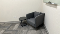 LOT OF (1) VIVO 74" HEIGHT ADJUSTABLE WOOD TOP OFFICE TABLE, QUARTET MAGNETIC GLASS INFINITY FRAMELESS MOUNTING DRY ERASE BOARD (72" x 48"), LOUNGE CHAIR, SIDE TABLE, STORAGE CABINET<br/> - 2