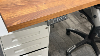 LOT OF (1) VIVO 74" HEIGHT ADJUSTABLE WOOD TOP OFFICE TABLE, QUARTET MAGNETIC GLASS INFINITY FRAMELESS MOUNTING DRY ERASE BOARD (72" x 48"), LOUNGE CHAIR, SIDE TABLE, STORAGE CABINET<br/> - 4