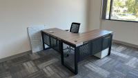 LOT OF (1) 2-PIECE WOOD TOP OFFICE TABLE (59" x 71" x 30"), (2) PEDESTAL FANS, MESH OFFICE CHAIR, (1) STORAGE CABINET