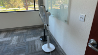 LOT OF (1) 2-PIECE WOOD TOP OFFICE TABLE (59" x 71" x 30"), (2) PEDESTAL FANS, MESH OFFICE CHAIR, (1) STORAGE CABINET - 3