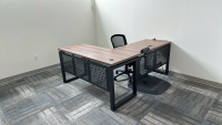 <p>LOT OF (1) 2-PIECE WOOD TOP OFFICE TABLE (59" x 71" x 30") &amp; OFFICE CHAIR,</p>