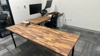 LOT OF (2) ASSORTED WOOD TOP OFFICE TABLES (74" x 25.5" x 29"), (2) SCEPTRE MOUNTED 28" MONITORS, QUARTET MAGNETIC GLASS INFINITY FRAMELESS MOUNTING DRY ERASE BOARD (72" x 48"), ETC. <br/> - 2
