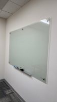 LOT OF (2) ASSORTED WOOD TOP OFFICE TABLES (74" x 25.5" x 29"), (2) SCEPTRE MOUNTED 28" MONITORS, QUARTET MAGNETIC GLASS INFINITY FRAMELESS MOUNTING DRY ERASE BOARD (72" x 48"), ETC. <br/> - 3