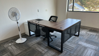 2-PIECE WOOD TOP OFFICE TABLE (71" x 59" x 30"), (2) CUSHIONED BENCHES (36" x 18" x 18"), PEDESTAL FAN, ETC.