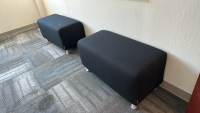 2-PIECE WOOD TOP OFFICE TABLE (71" x 59" x 30"), (2) CUSHIONED BENCHES (36" x 18" x 18"), PEDESTAL FAN, ETC. - 2