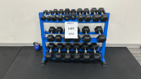 REP FITNESS THREE-TIERED DUMBBELL RACK, W/ BLACK RUBBER HEX DUMBBELLS