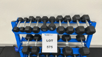 REP FITNESS THREE-TIERED DUMBBELL RACK, W/ BLACK RUBBER HEX DUMBBELLS - 2
