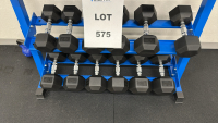 REP FITNESS THREE-TIERED DUMBBELL RACK, W/ BLACK RUBBER HEX DUMBBELLS - 3