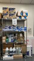WIRE RACK WITH ASSORTED ITEMS TO INCLUDE: SCOTT MULTI-PURPOSE CLOTHS, ULINE SHOE COVERS, ULINE SHOP TOWELS, ULINE NITRILE GLOVES, ULINE RECLOSABLE BAGS, ULINE TRASH LINERS, ETC.