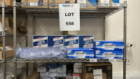 WIRE RACK WITH ASSORTED ITEMS TO INCLUDE: SCOTT MULTI-PURPOSE CLOTHS, ULINE SHOE COVERS, ULINE SHOP TOWELS, ULINE NITRILE GLOVES, ULINE RECLOSABLE BAGS, ULINE TRASH LINERS, ETC. - 3