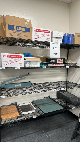 WIRE RACK WITH ASSORTED ITEMS TO INCLUDE: ULINE VINYL SAFETY TAPE, SCOTCH PAD, IMPULSE SEALER, PAPER CUTTER, HEATER, FOLDING CHAIRS, ETC.