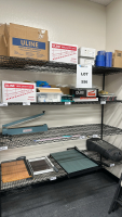 WIRE RACK WITH ASSORTED ITEMS TO INCLUDE: ULINE VINYL SAFETY TAPE, SCOTCH PAD, IMPULSE SEALER, PAPER CUTTER, HEATER, FOLDING CHAIRS, ETC.