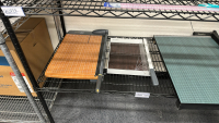 WIRE RACK WITH ASSORTED ITEMS TO INCLUDE: ULINE VINYL SAFETY TAPE, SCOTCH PAD, IMPULSE SEALER, PAPER CUTTER, HEATER, FOLDING CHAIRS, ETC. - 2