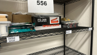 WIRE RACK WITH ASSORTED ITEMS TO INCLUDE: ULINE VINYL SAFETY TAPE, SCOTCH PAD, IMPULSE SEALER, PAPER CUTTER, HEATER, FOLDING CHAIRS, ETC. - 4