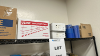 WIRE RACK WITH ASSORTED ITEMS TO INCLUDE: ULINE VINYL SAFETY TAPE, SCOTCH PAD, IMPULSE SEALER, PAPER CUTTER, HEATER, FOLDING CHAIRS, ETC. - 6