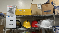 WIRE RACK WITH ASSORTED ITEMS TO INCLUDE: ULINE BIONIC FACE SHIELD, SCREWS, DUSTER, TUBING, EYE WASH FLUID, ETC. - 2