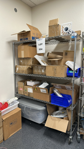 WIRE RACK WITH ASSORTED ITEMS TO INCLUDE: SPI FUJI PRE-SCALE FILM, MIND READER FILE ORGANIZER, VISI-TRAP FILTER, TUBING, ELECTRICAL WIRE, ETC.