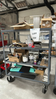 RACK WITH ASSORTED ITEMS TO INCLUDE: PROGRESSIVE DESK LIFTING COLUMN, TERA SCANNERS, URETHANE MOLD RELEASE, SPARE ALUMINUM, ETC.