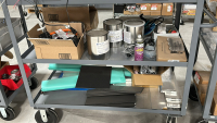 RACK WITH ASSORTED ITEMS TO INCLUDE: PROGRESSIVE DESK LIFTING COLUMN, TERA SCANNERS, URETHANE MOLD RELEASE, SPARE ALUMINUM, ETC. - 2