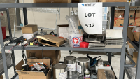 RACK WITH ASSORTED ITEMS TO INCLUDE: PROGRESSIVE DESK LIFTING COLUMN, TERA SCANNERS, URETHANE MOLD RELEASE, SPARE ALUMINUM, ETC. - 3