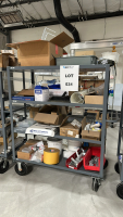 RACK WITH ASSORTED ITEMS TO INCLUDE: NOCTUA FAN, HOSING, ULINE STANDARD RESPIRATOR, ENVIRONMENTAL TEST CHAMBERS, ASSORTED TAPES, BRACKETS, ETC.