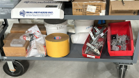 RACK WITH ASSORTED ITEMS TO INCLUDE: NOCTUA FAN, HOSING, ULINE STANDARD RESPIRATOR, ENVIRONMENTAL TEST CHAMBERS, ASSORTED TAPES, BRACKETS, ETC. - 2