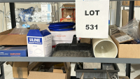 RACK WITH ASSORTED ITEMS TO INCLUDE: NOCTUA FAN, HOSING, ULINE STANDARD RESPIRATOR, ENVIRONMENTAL TEST CHAMBERS, ASSORTED TAPES, BRACKETS, ETC. - 4