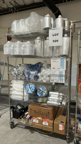 WIRE RACK WITH ASSORTED ITEMS TO INCLUDE: ALUMINUM FLASKS OF ASSORTED SIZES, 15mL CONICAL CENTRIFUGE TUBES, THUNDER70 CLEANING WIPES, ULINE MATS, ETC.