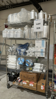 WIRE RACK WITH ASSORTED ITEMS TO INCLUDE: ALUMINUM FLASKS OF ASSORTED SIZES, 15mL CONICAL CENTRIFUGE TUBES, THUNDER70 CLEANING WIPES, ULINE MATS, ETC.