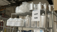 WIRE RACK WITH ASSORTED ITEMS TO INCLUDE: ALUMINUM FLASKS OF ASSORTED SIZES, 15mL CONICAL CENTRIFUGE TUBES, THUNDER70 CLEANING WIPES, ULINE MATS, ETC. - 4