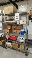 WIRE RACK WITH ASSORTED ITEMS TO INCLUDE: SPILLMASTER CONTAINERS, ULINE NITRILE GLOVES, WYPALL CLEANING CLOTHS, DISPOSABLE ARM SLEEVES, HEAVY DUTY ALUMINUM FOIL, ETC.